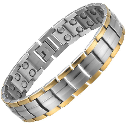 Strong magnetic therapy bracelet by Melchior Jewellery in silver and gold two-tone stainless steel design