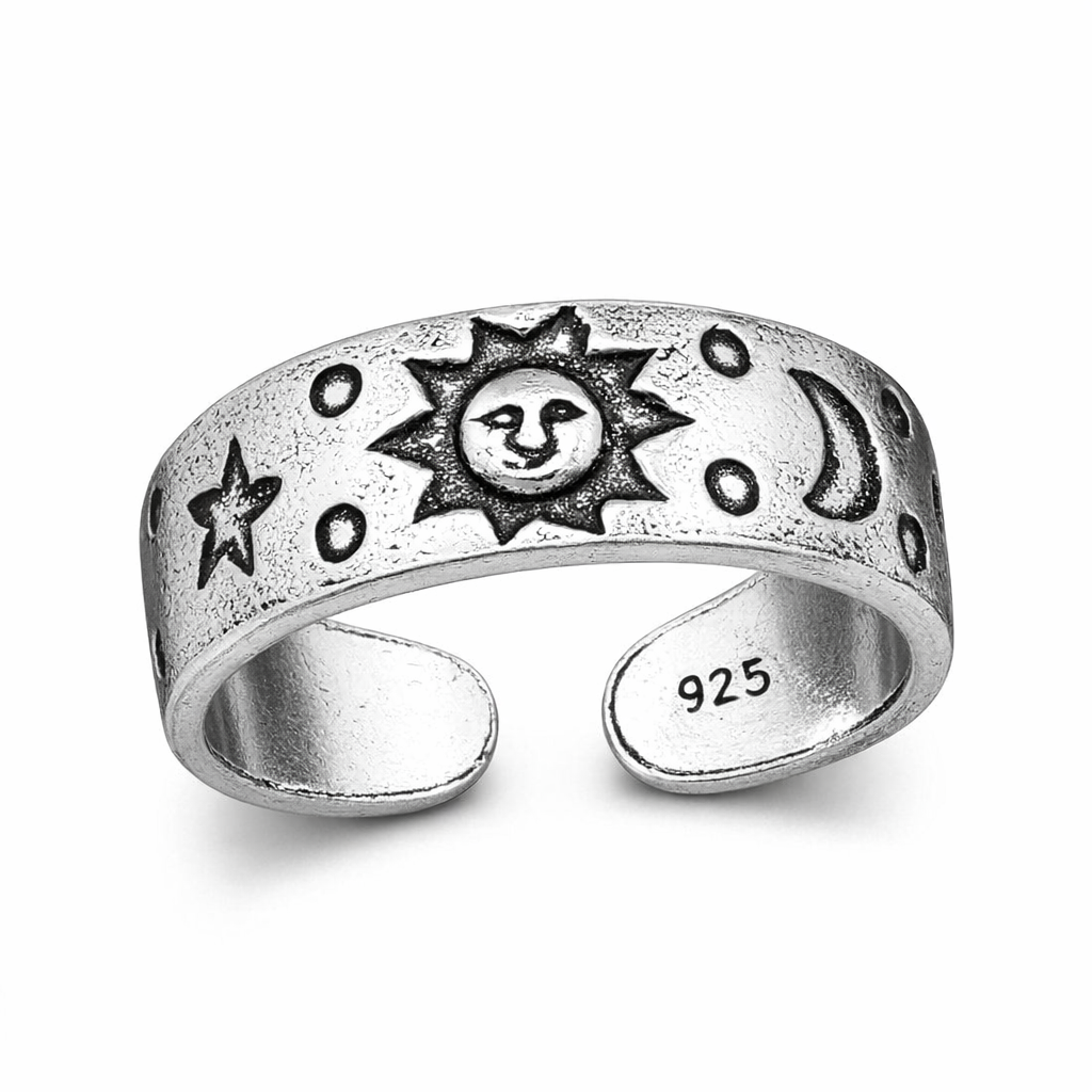 Silver Sun Moon and Star Adjustable Toe Ring by Melchior Jewellery with detailed celestial engravings