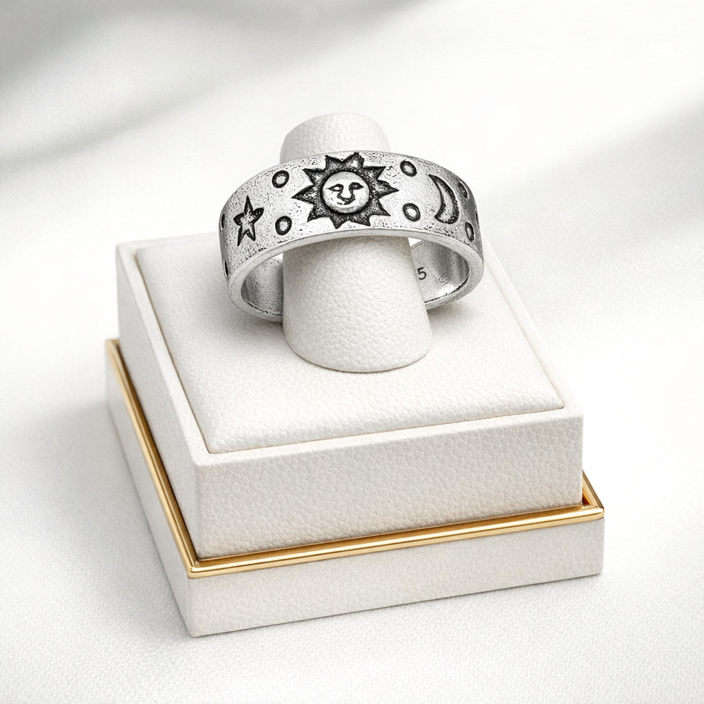 Silver Sun Moon and Star Adjustable Toe Ring with engraved celestial designs on white display box