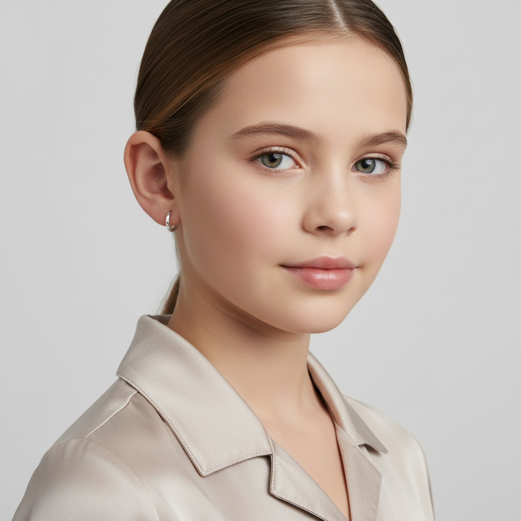 Young girl wearing tiny diamond cut hoop earrings for kids by Melchior Jewellery in silver finish