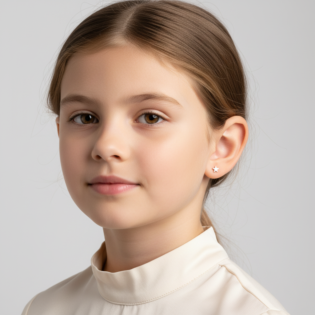 Melchior Jewellery tiny star earrings for kids worn by girl with light brown hair and cream top