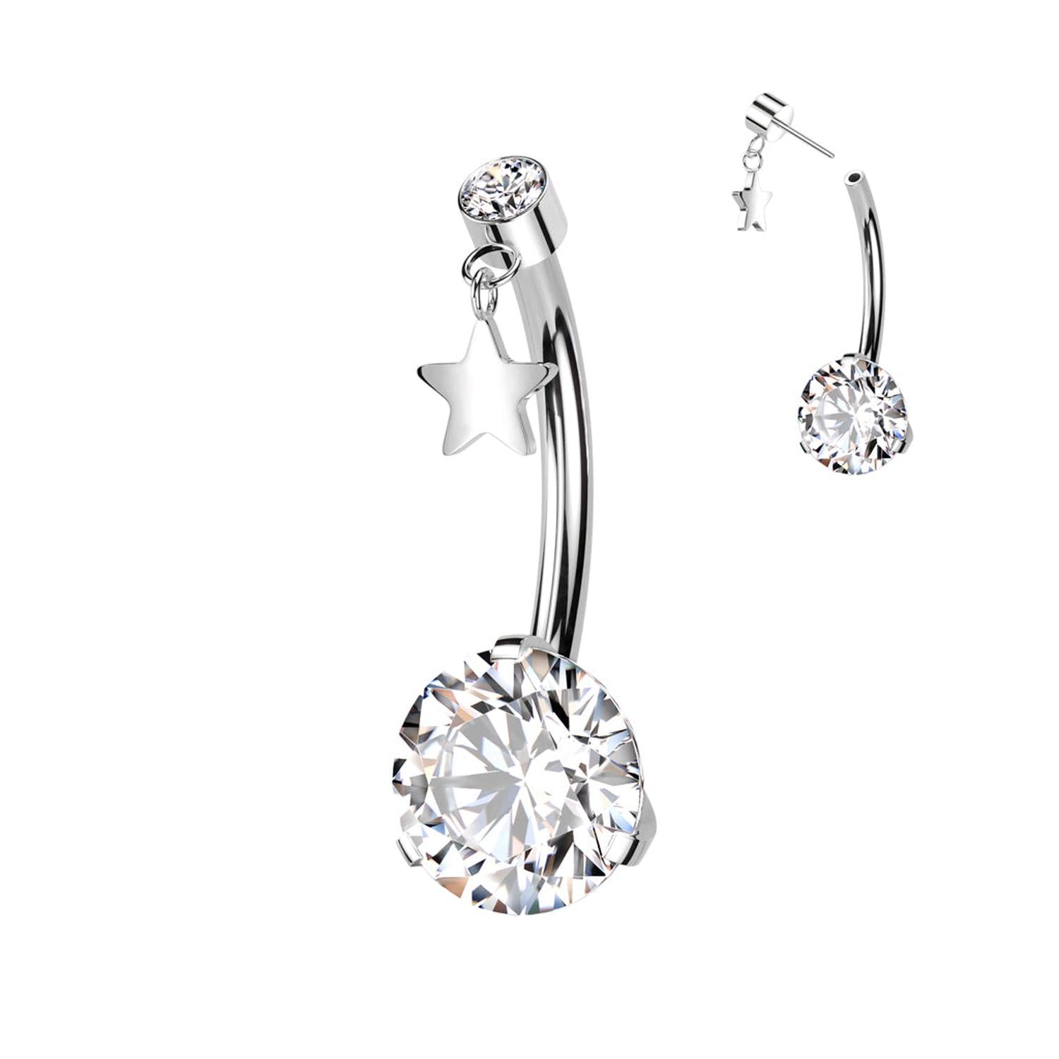 Titanium Belly Bar CZ with clear cubic zirconia and star charm body jewellery by Melchior Jewellery