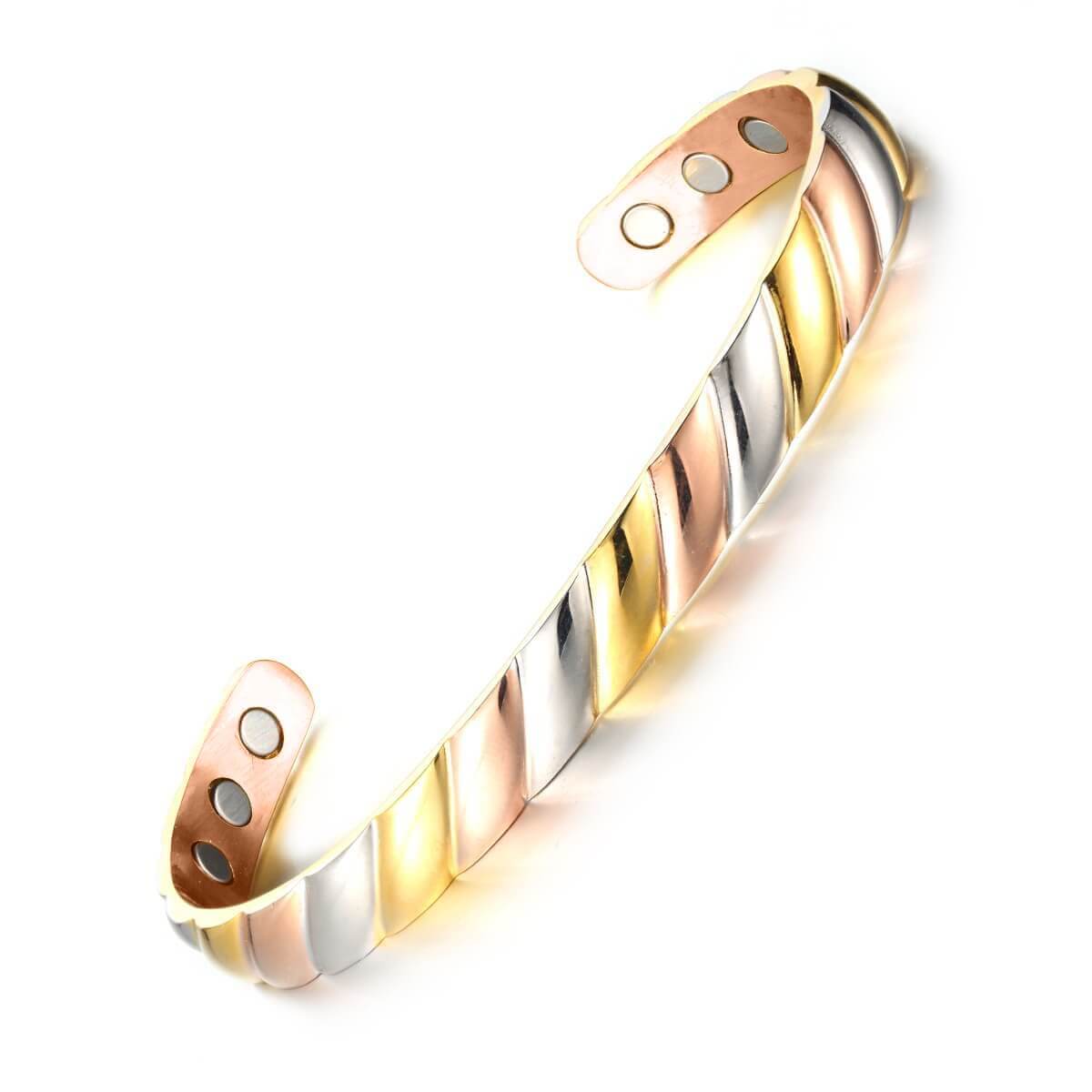 Melchior Jewellery tri colour copper therapy bangle twisted tri tone open cuff with magnetic therapy dots