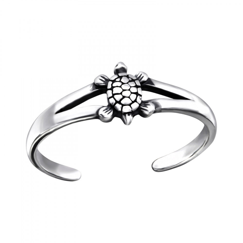 Silver Melchior Jewellery turtle toe ring featuring a detailed turtle design with open adjustable band