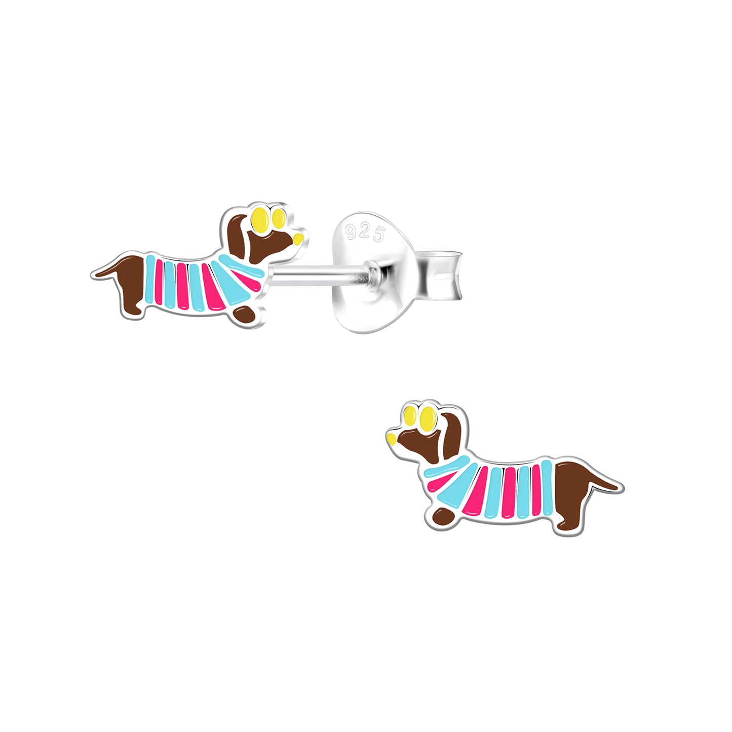 Melchior Jewellery sausage dog stud earrings for girls with colourful stripes and silver posts