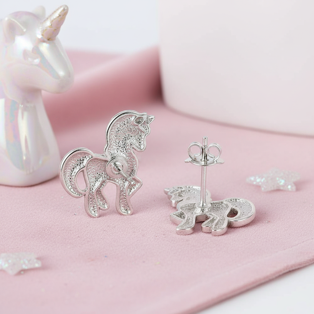 Melchior Jewellery silver unicorn stud earrings for girls on pink surface with decorative stars