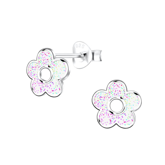 Melchior Jewellery white glitter flower earrings for girls sterling silver stud childrens earrings