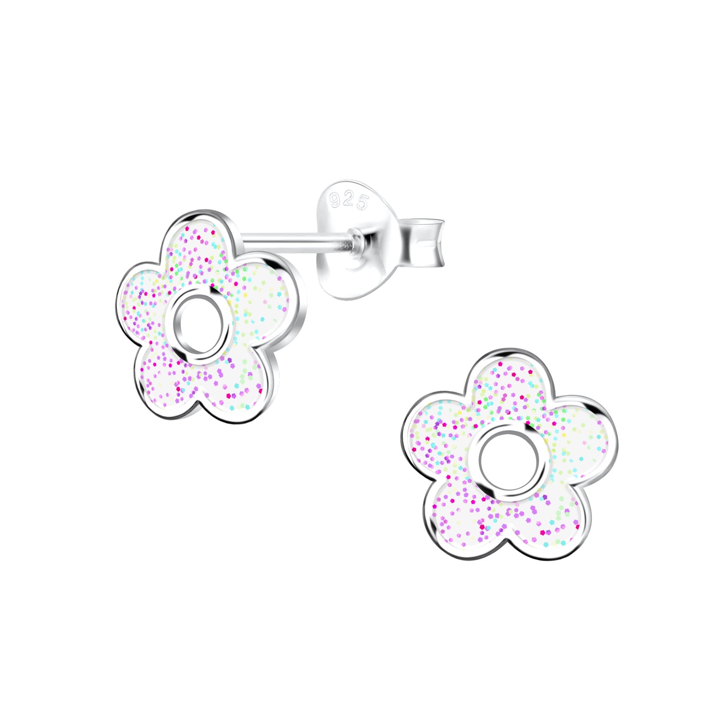 White glitter flower earrings for girls by Melchior Jewellery in silver stud design