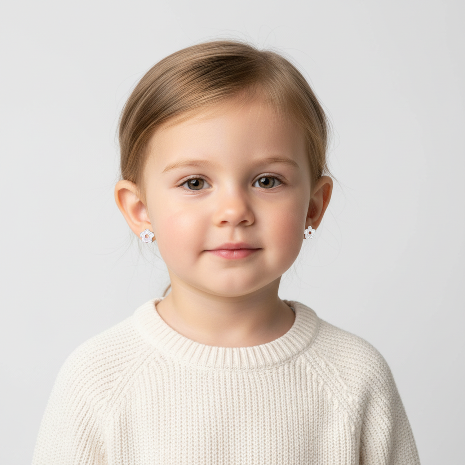 Young girl wearing white glitter flower earrings for girls by Melchior Jewellery with a cream knitted sweater