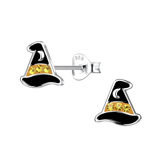Melchior Jewellery witch hat stud earrings for children in silver with black enamel and yellow gemstones