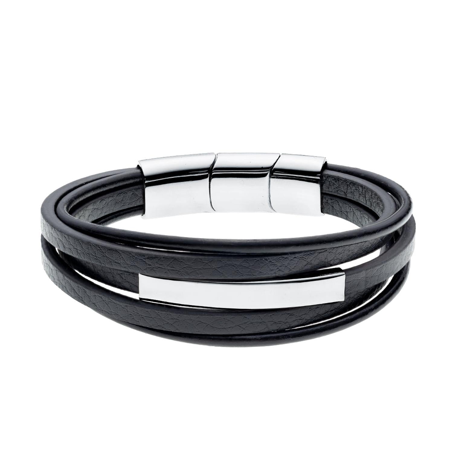 Sentiell black mens leather and steel bracelet with polished steel accents and magnetic clasp