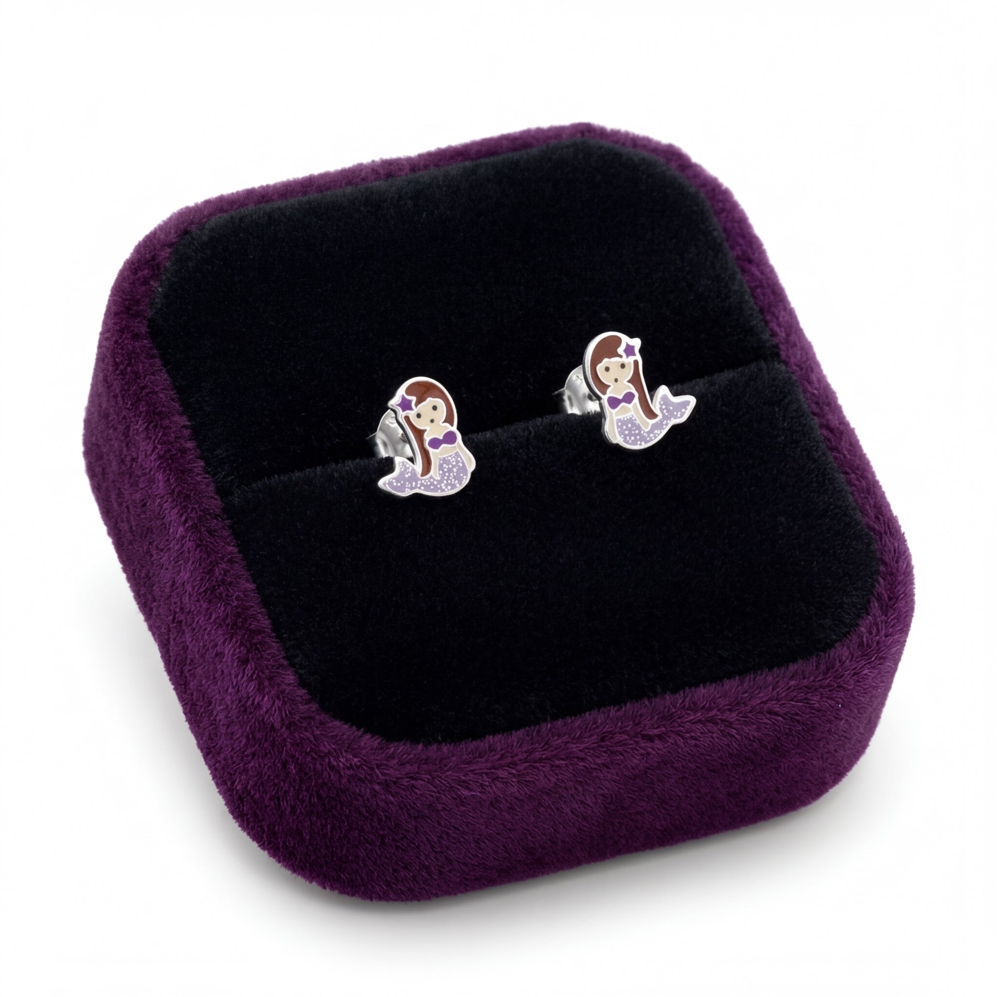 Silver girls mermaid earrings with purple tails and brown hair in a purple velvet jewellery box