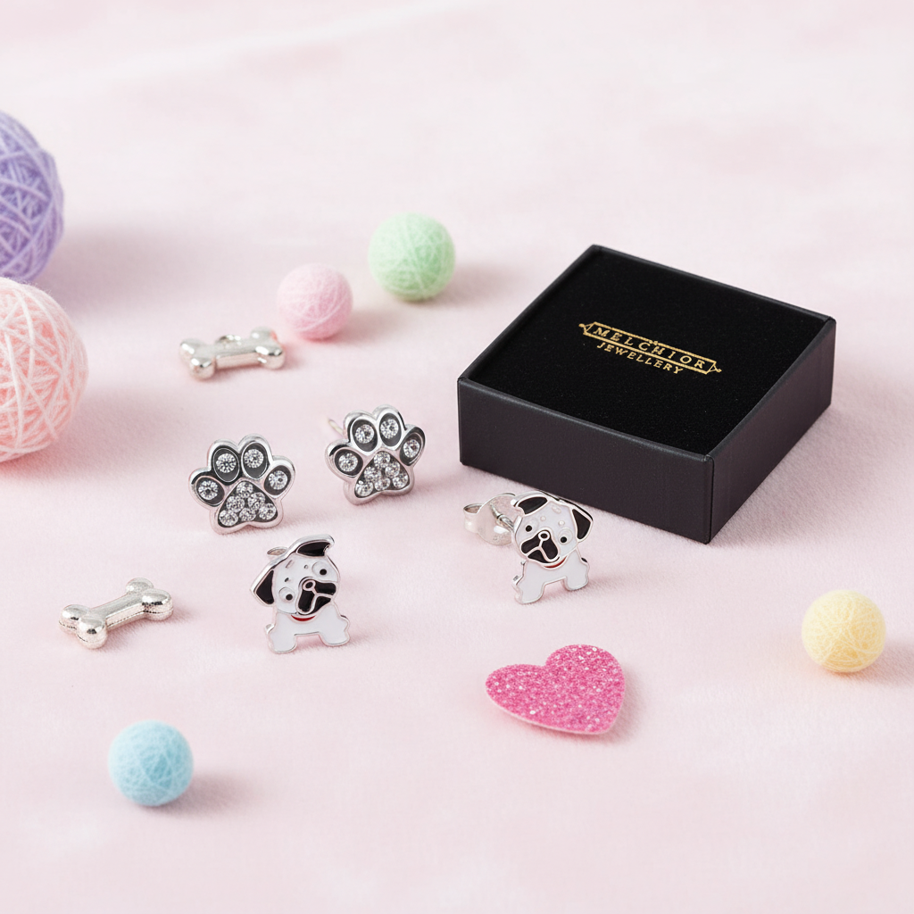 Cute pet themed earrings for children by Melchior Jewellery featuring dog and paw designs with sparkle details