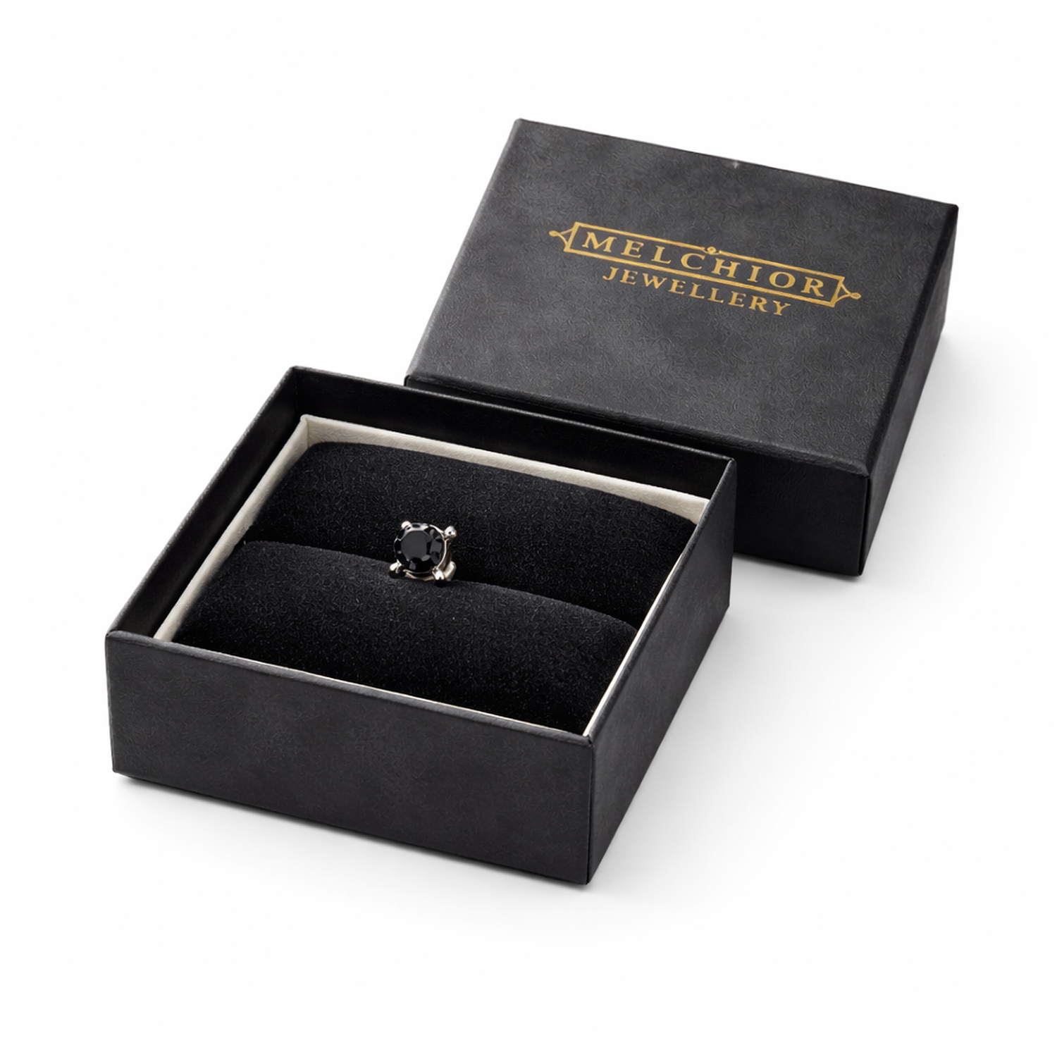 Mens sterling silver black stud earring with black gemstone in Melchior Jewellery black gift box