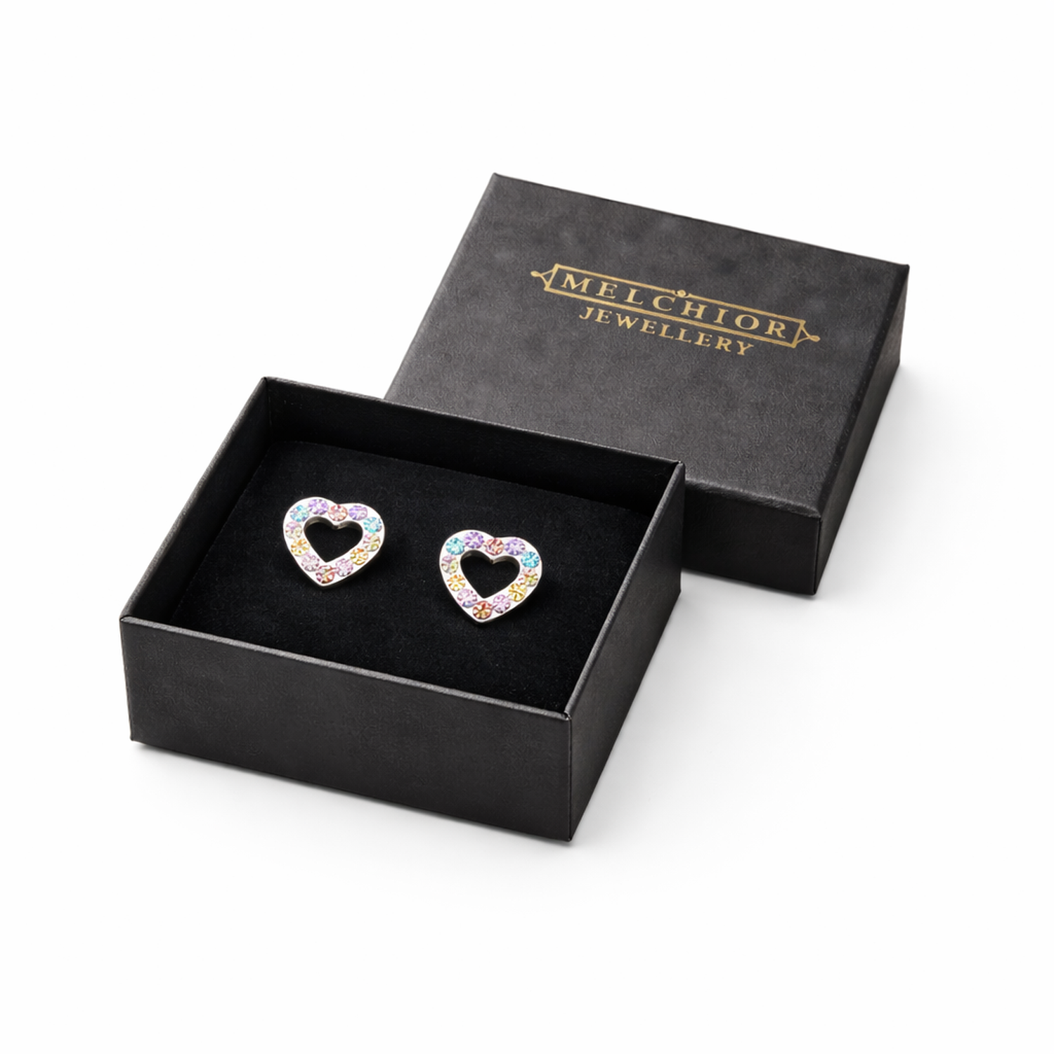 Melchior Jewellery open heart stud earrings kids with colourful gemstones in black presentation box