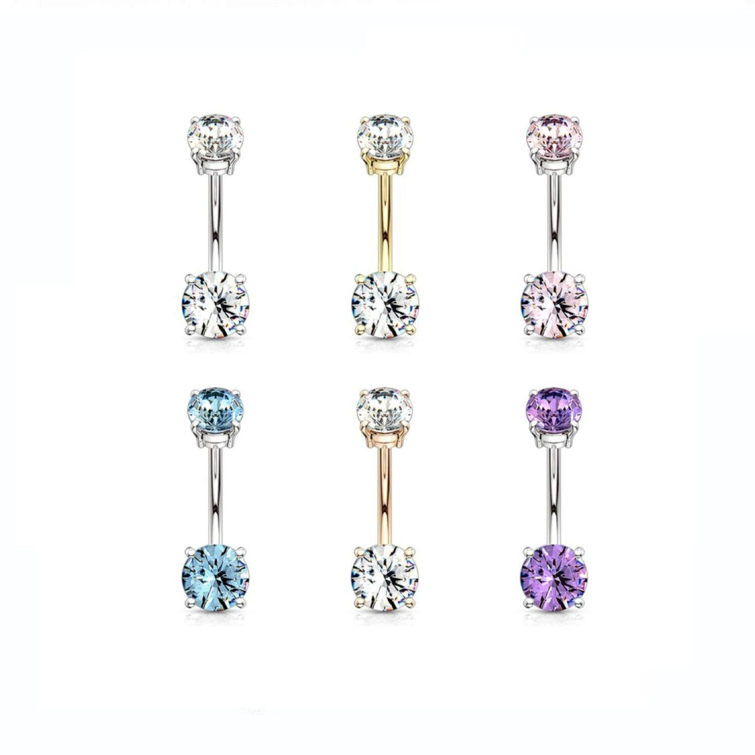 Sterling silver and gold body jewellery belly button piercing with clear, pink, blue, and purple stones
