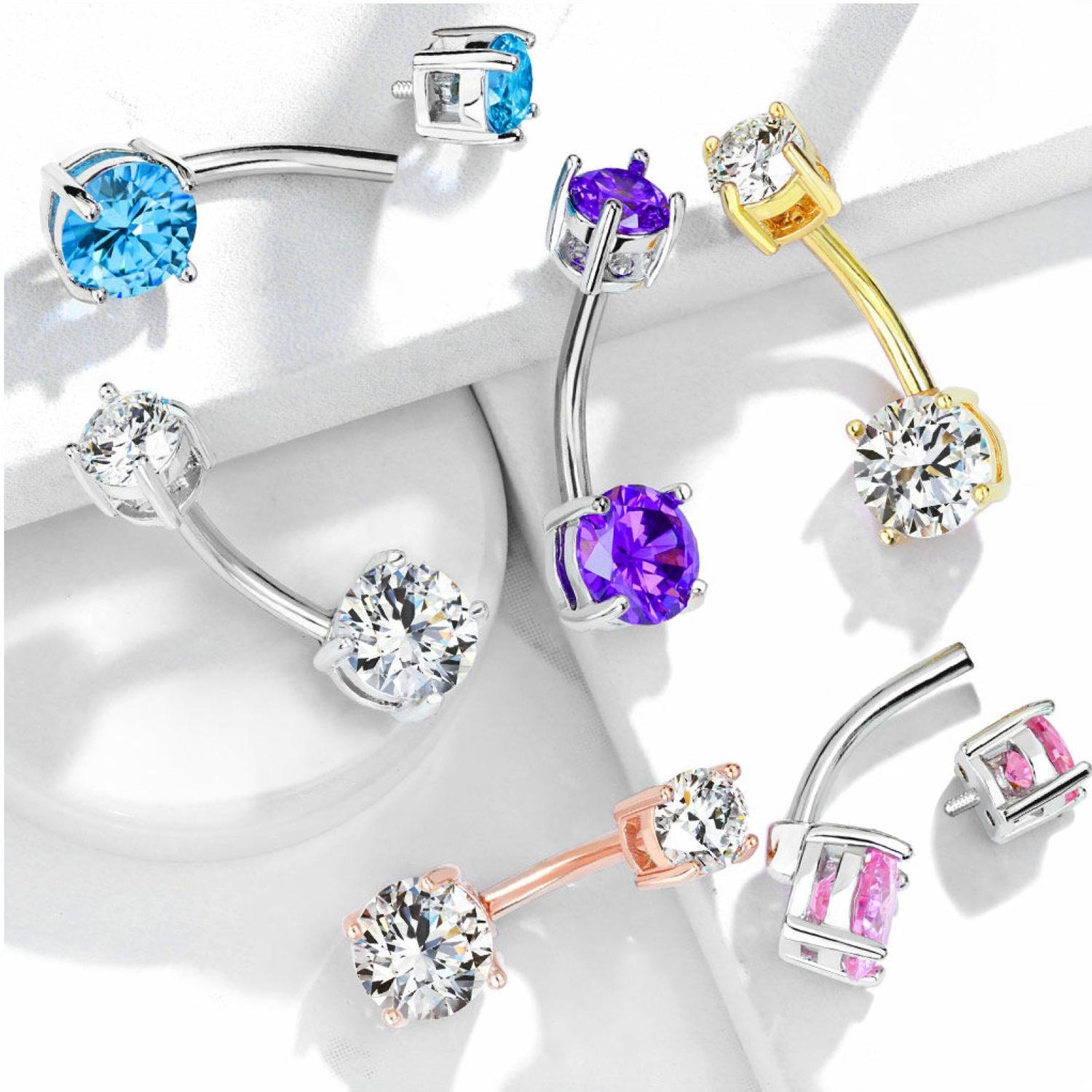 sterling silver and gold cubic zirconia belly button piercing in blue, purple, clear, and pink colours
