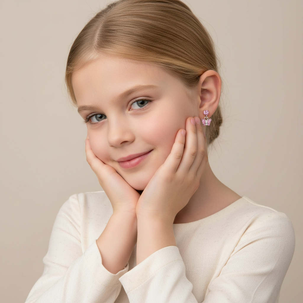 Melchior Jewellery pink butterfly drop earrings for girls worn by smiling young girl in white top