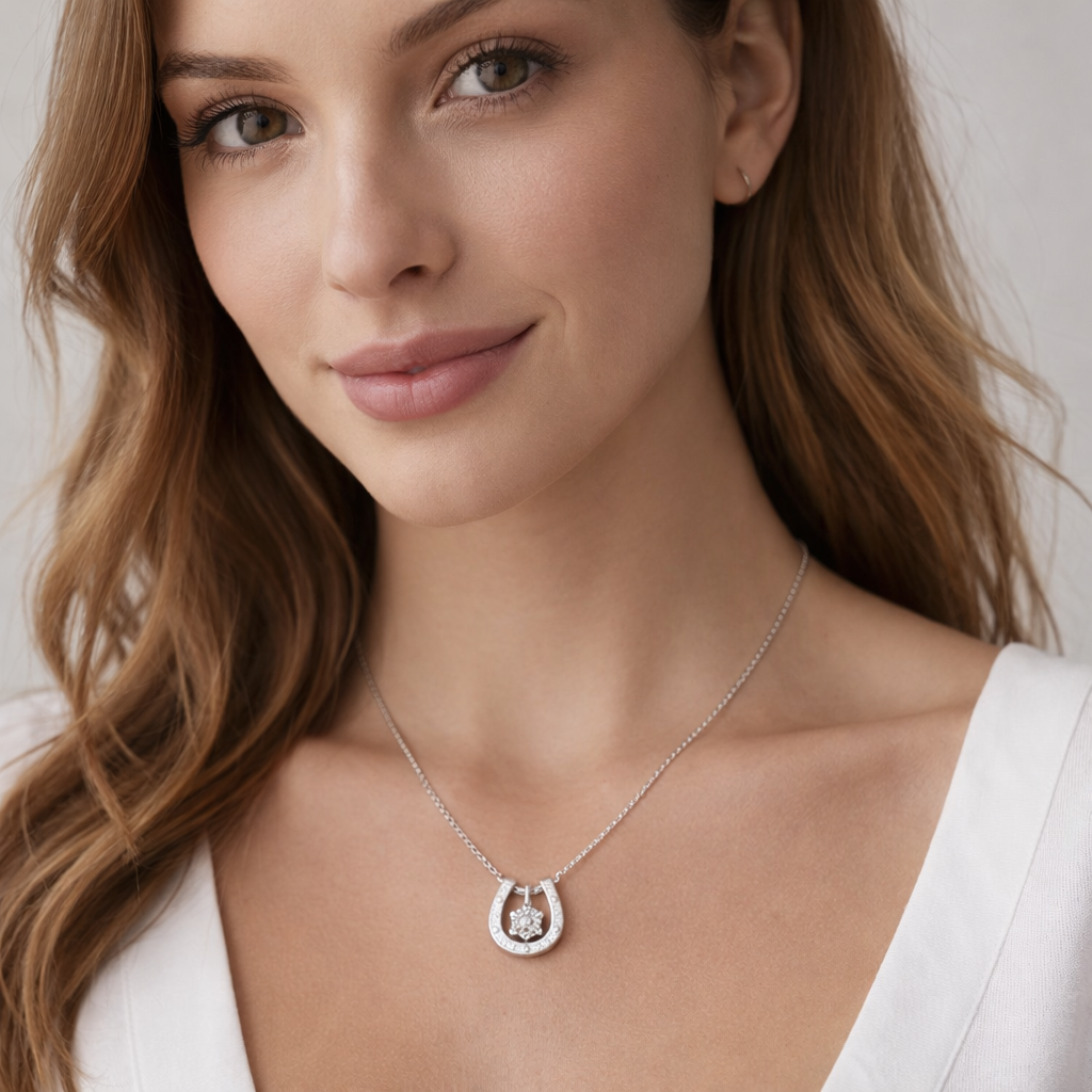 Melchior Jewellery sterling silver horseshoe necklace worn by woman with white top