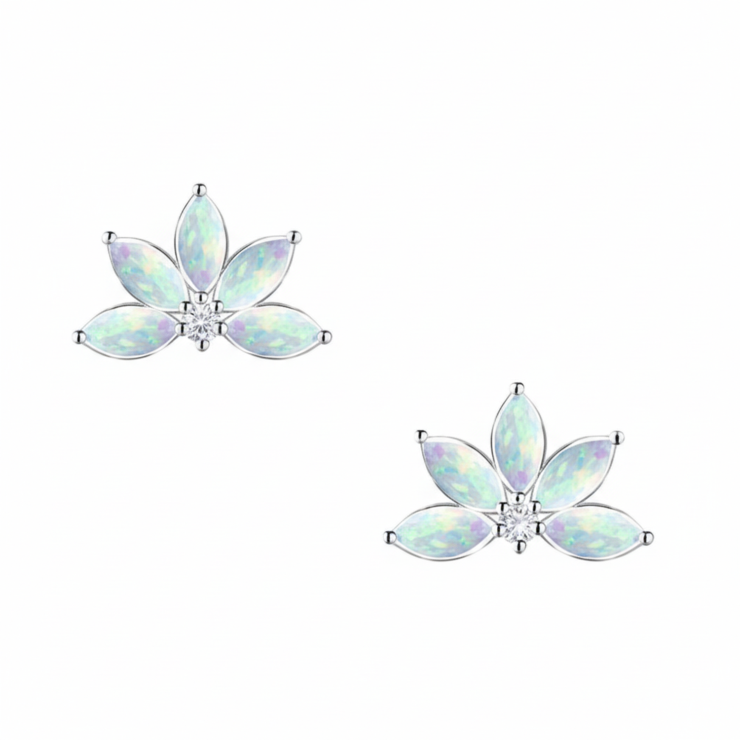 Melchior Jewellery geometric opal flower earrings with silver setting and five opal petals