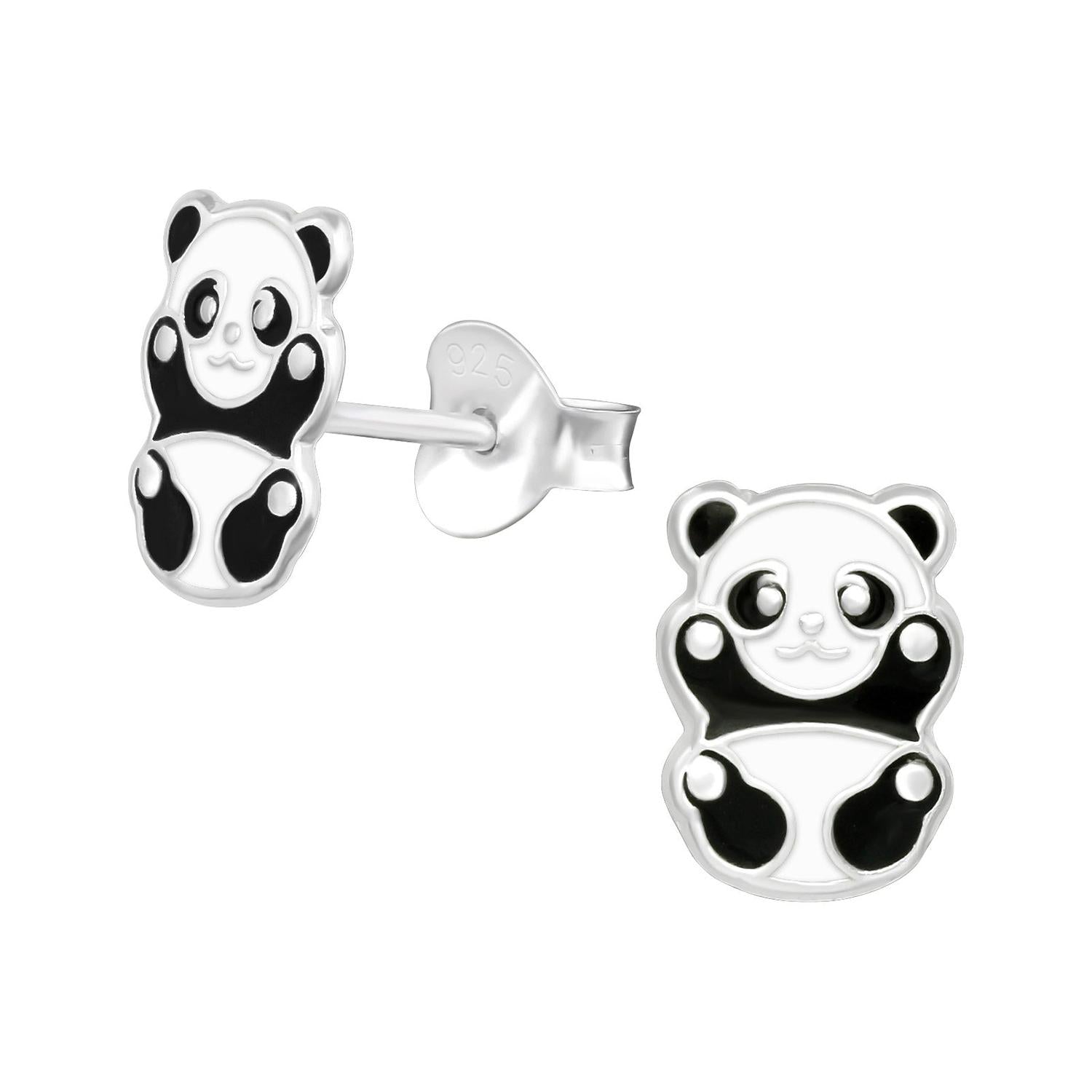 Sterling silver Silver Panda Bear Stud Girls Earrings with black and white enamel for children