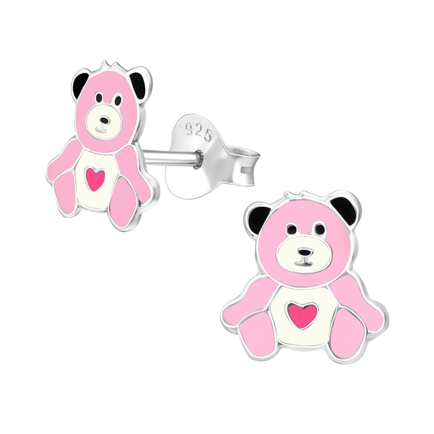 Sterling silver pink and white girls teddy bear earrings with heart detail by Melchior Jewellery