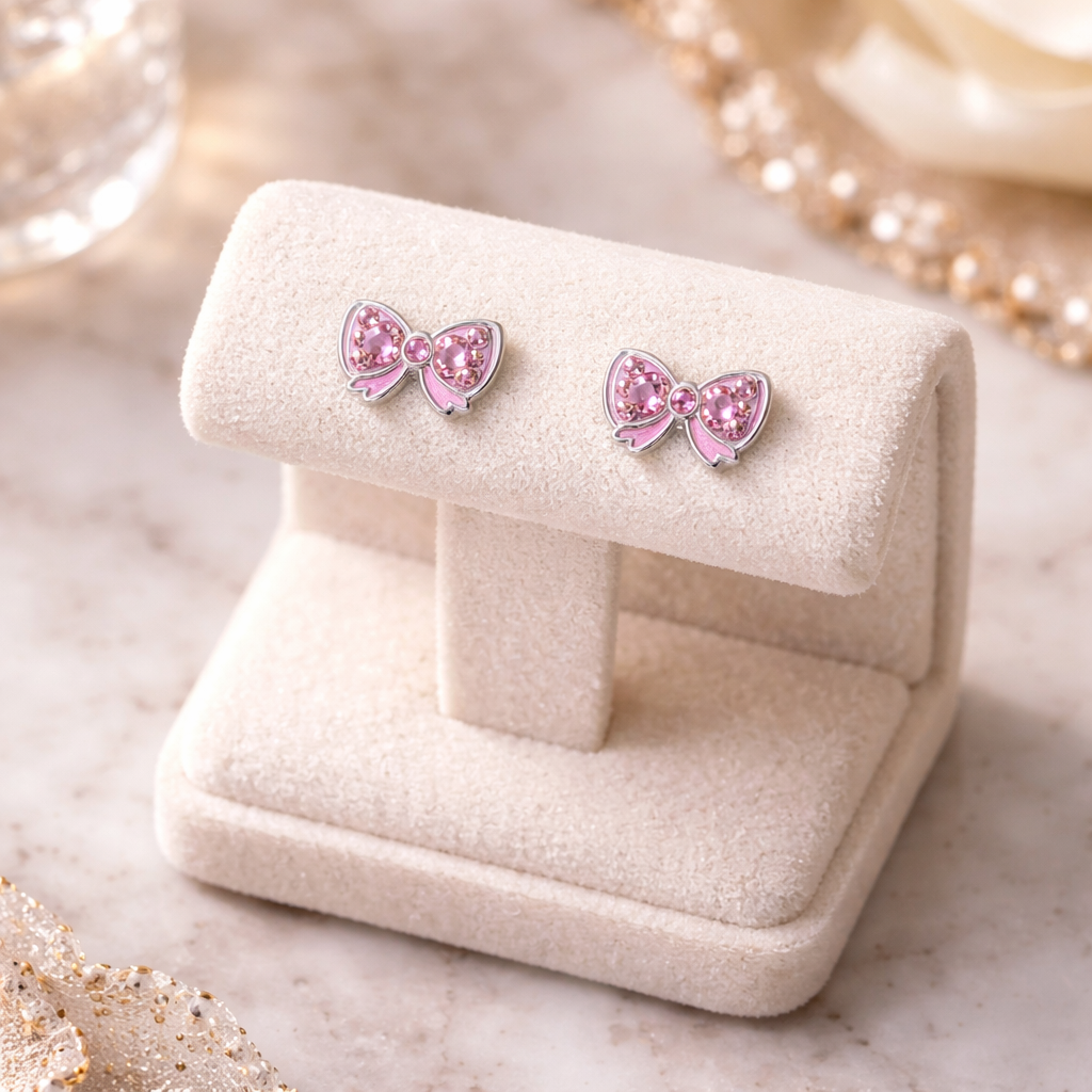 Melchior Jewellery pink crystal bow earrings for girls on cream display stand with pearl necklace background