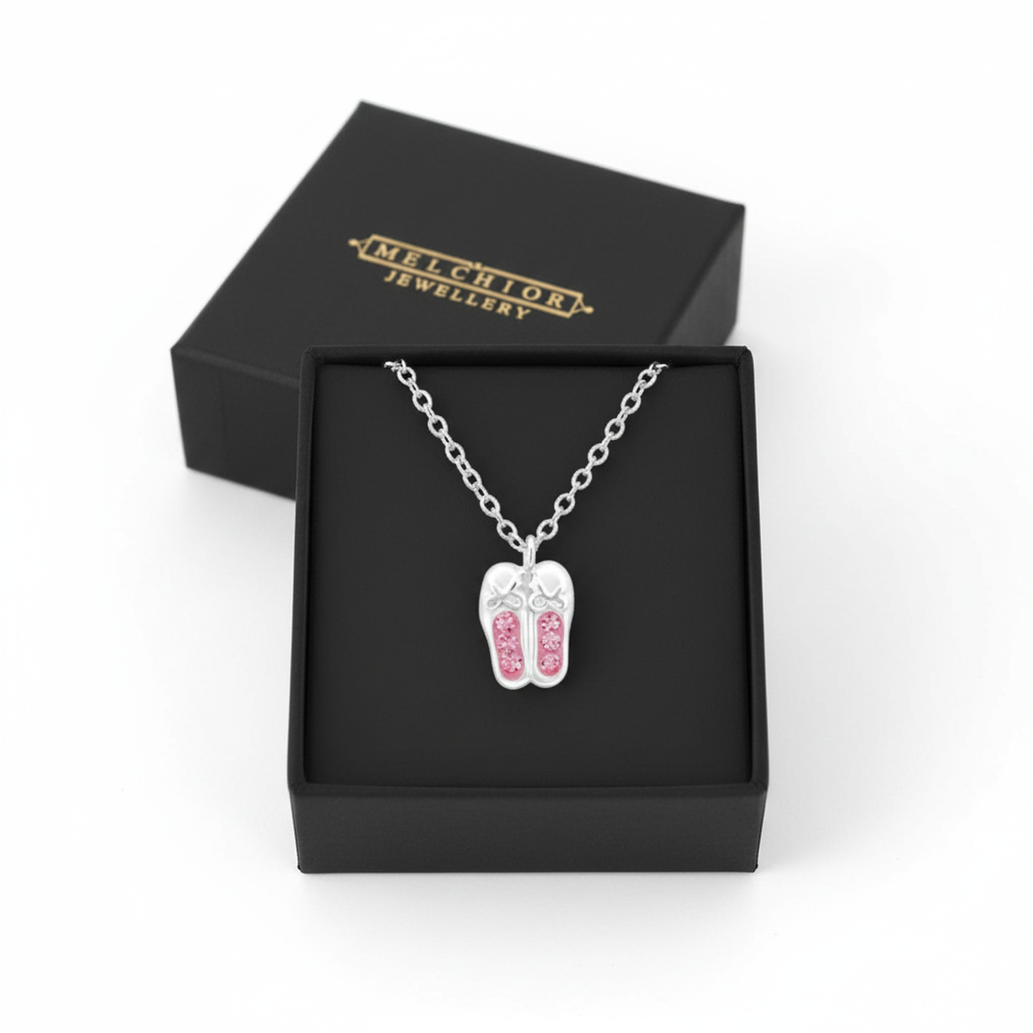 Melchior Jewellery childrens necklace with pink crystal ballet shoes pendant for kids in a black gift box