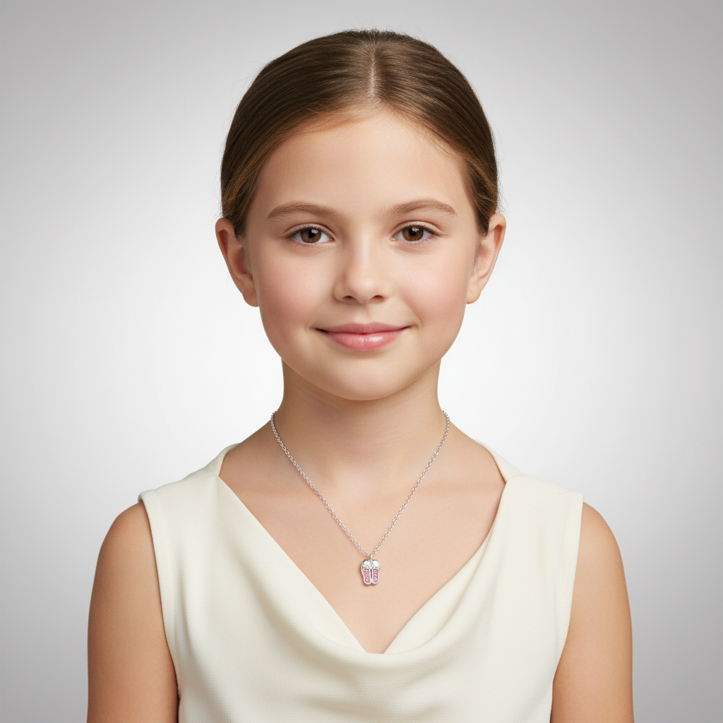 Child wearing pink crystal ballet shoes pendant for kids necklace by Melchior Jewellery