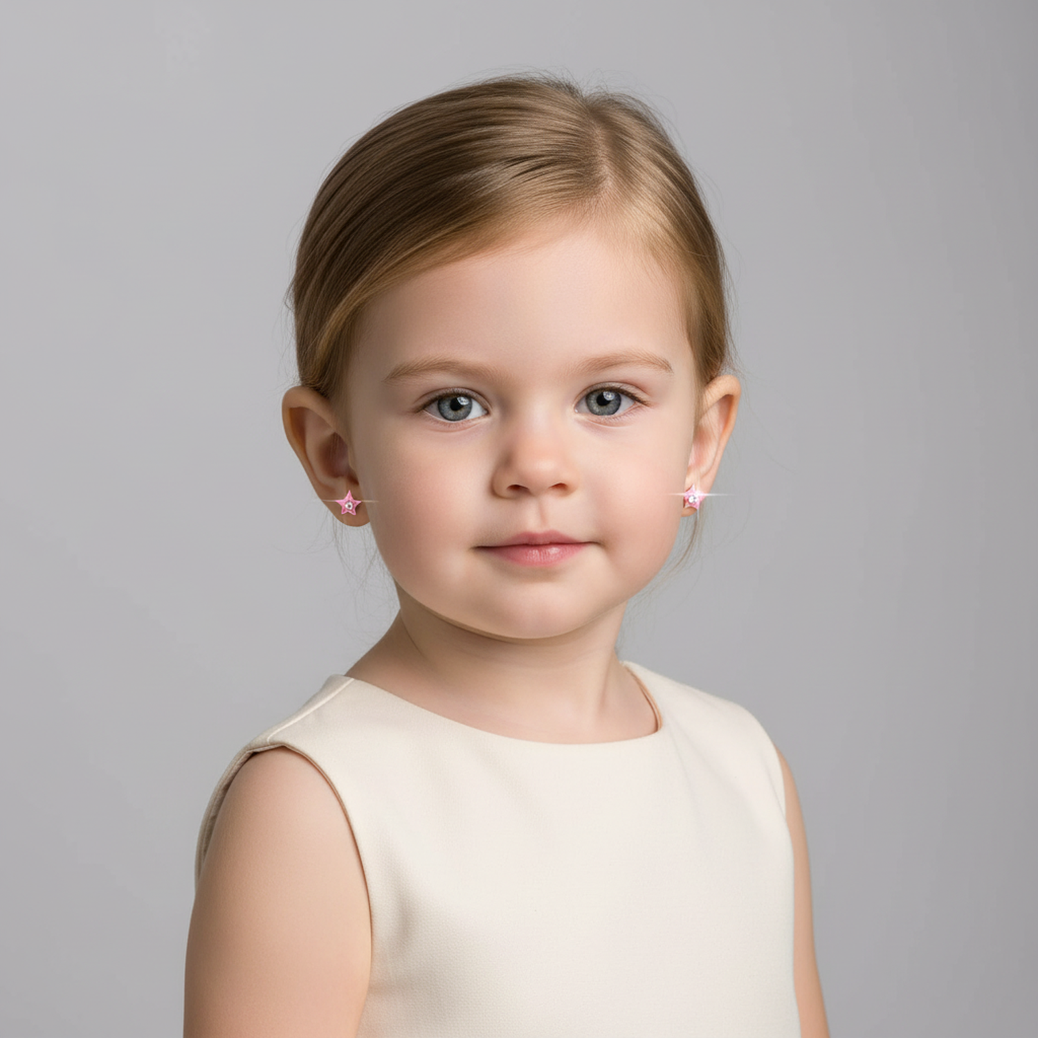 Young girl wearing kids star stud earrings silver by Melchior Jewellery in pink design