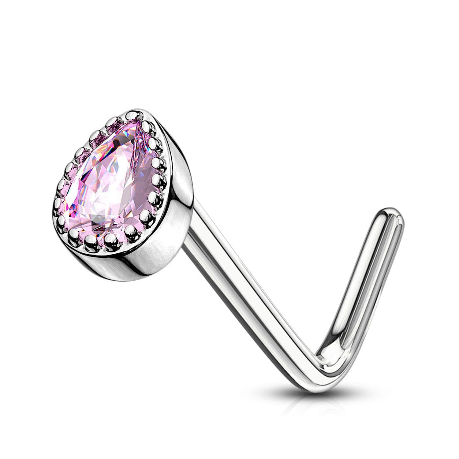 Melchior Jewellery teardrop pink crystal with halo bezel on silver L post crystal nose stud elegant design