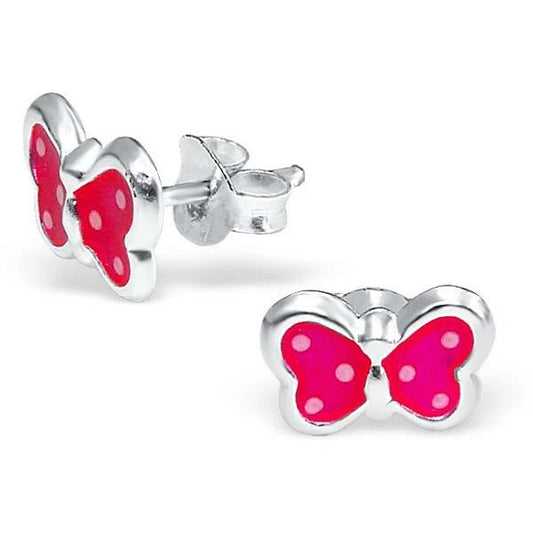 Pink spotted butterfly stud earrings for kids by Melchior Jewellery in silver with bright pink enamel