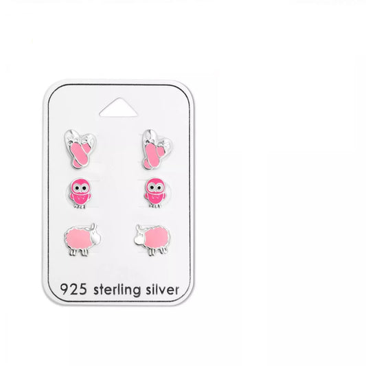 Melchior Jewellery pink stud earrings for kids set in 925 sterling silver with owls, hearts, and sheep designs