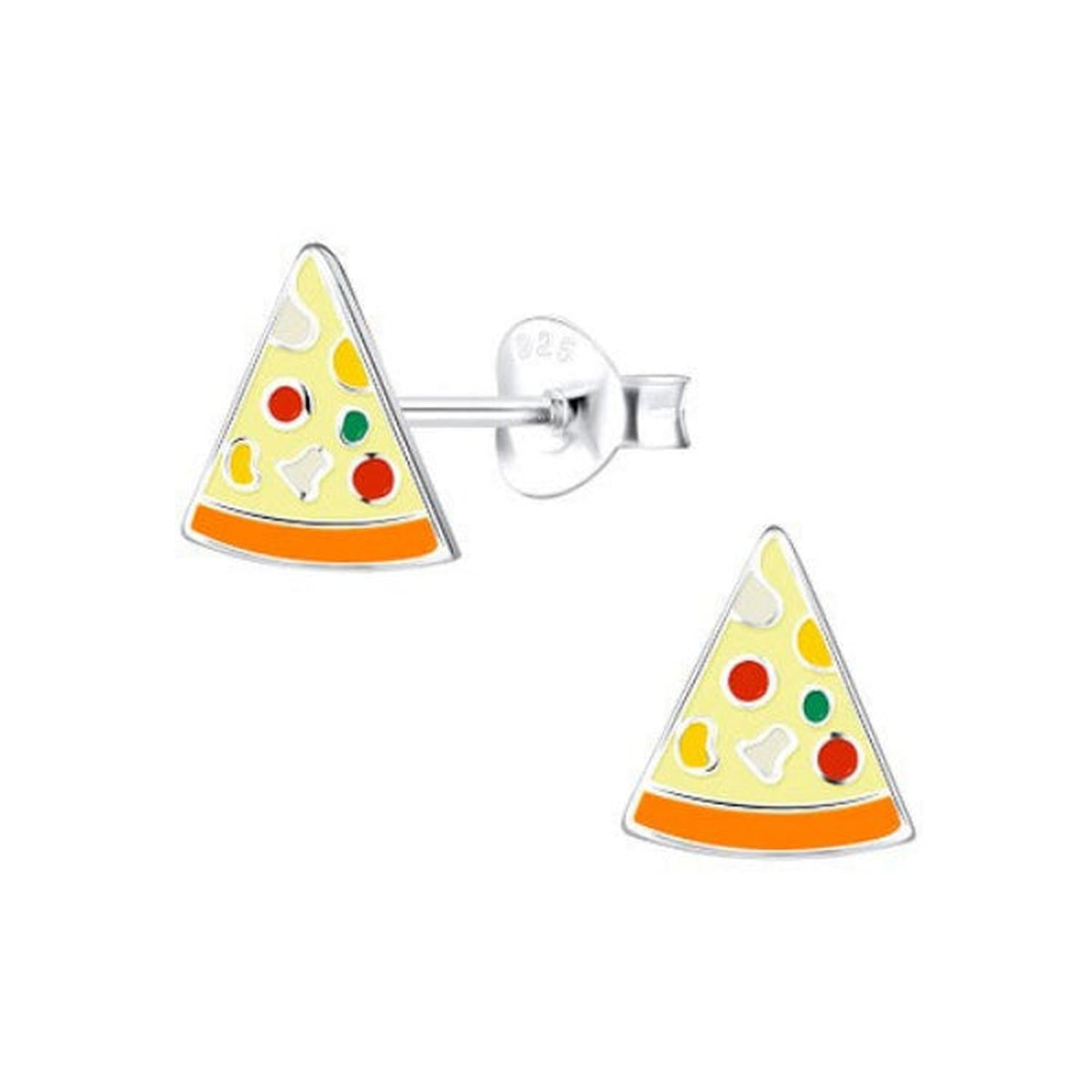 Sterling silver yellow and orange girls pizza earrings with red and green toppings for children by Melchior Jewellery