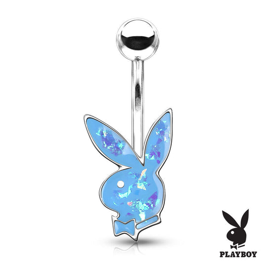 Playboy bunny belly bar body jewellery with blue opal effect in bunny shape by Melchior Jewellery