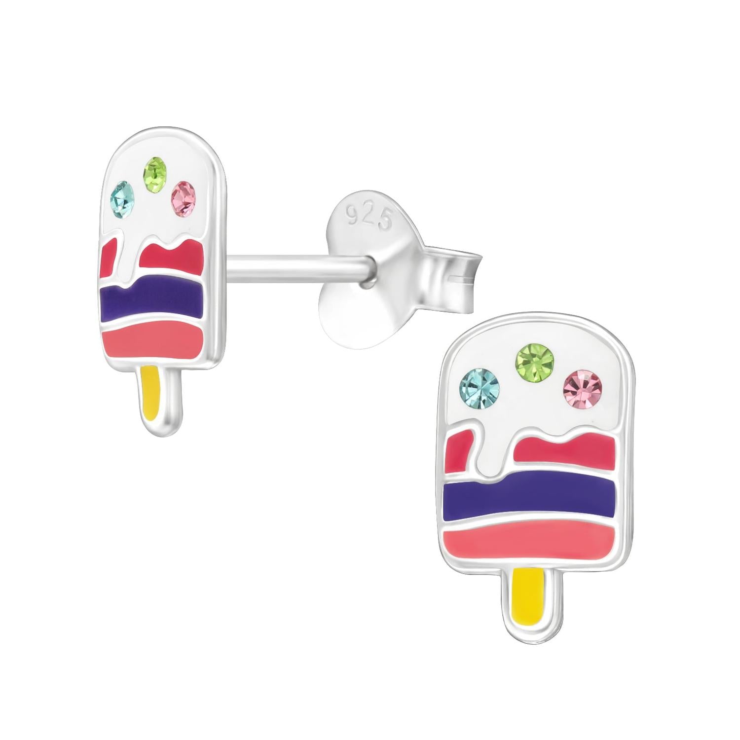 Silver Ice Cream Lolly Kids Stud Earrings with colourful enamel detail for children by Melchior Jewellery