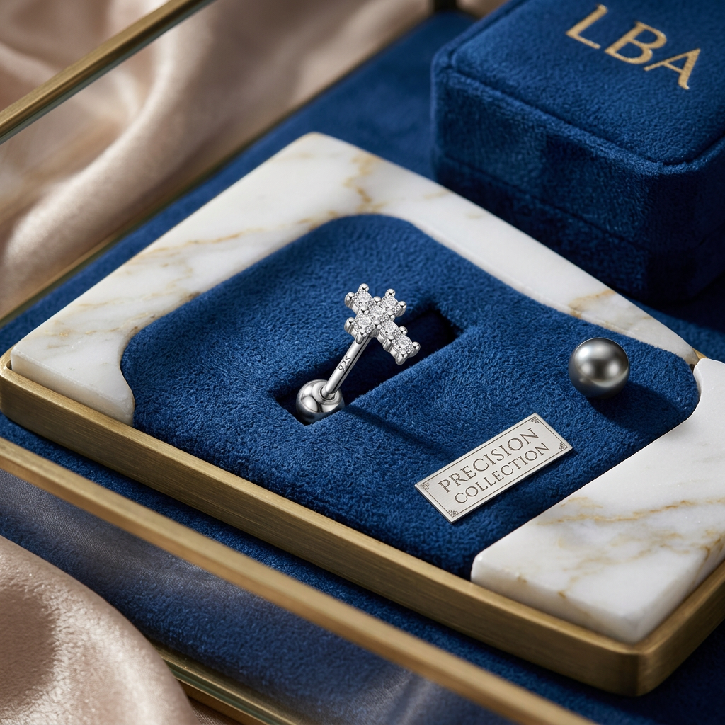 Sterling silver cross cartilage stud with cubic zirconia stones by Melchior Jewellery in luxury blue box