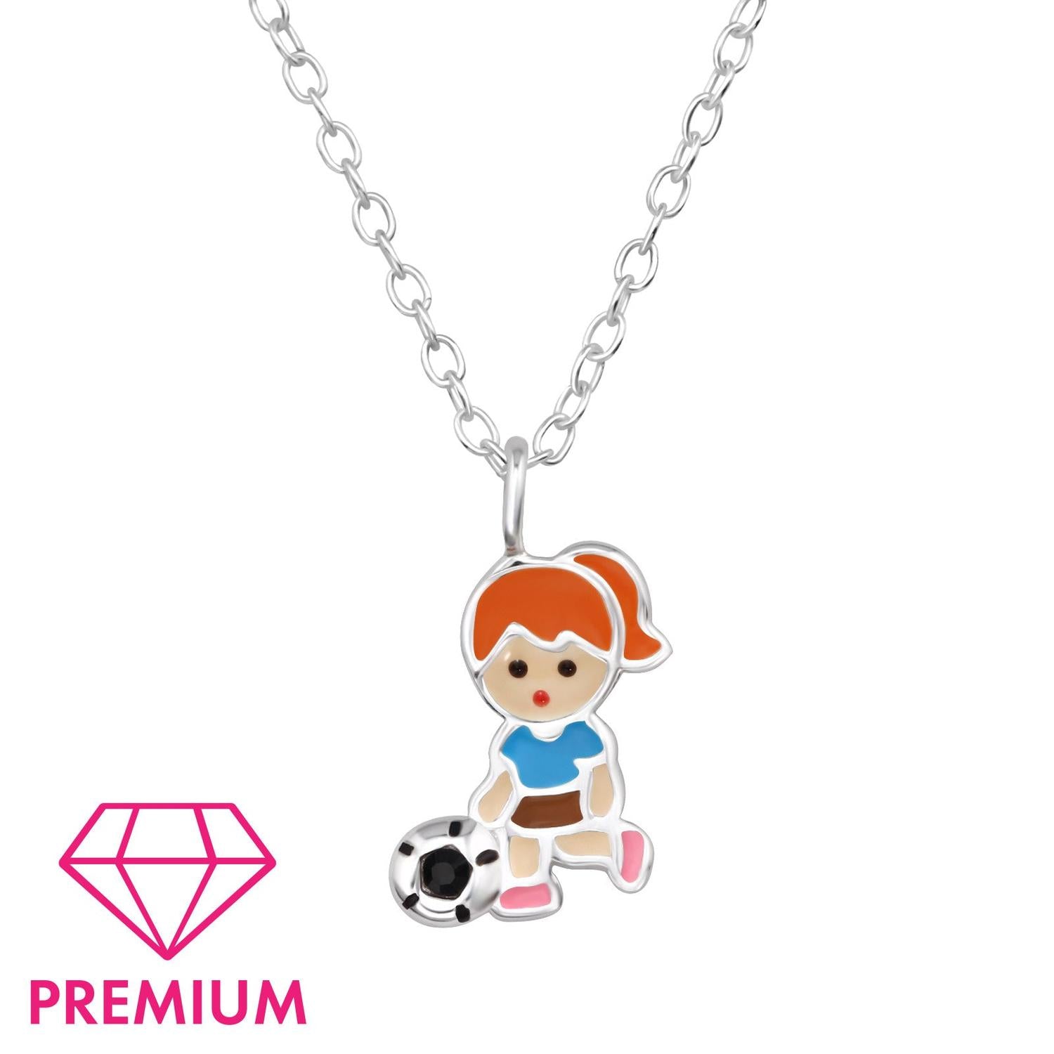 sterling silver colourful girls football pendant jewellery with red hair and blue top childrens necklace