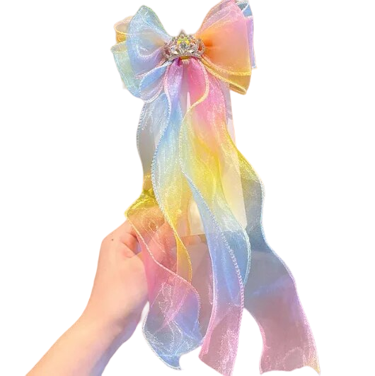 Melchior Jewellery princess crown hair ribbon for children in pastel rainbow colours with sheer flowing ribbons
