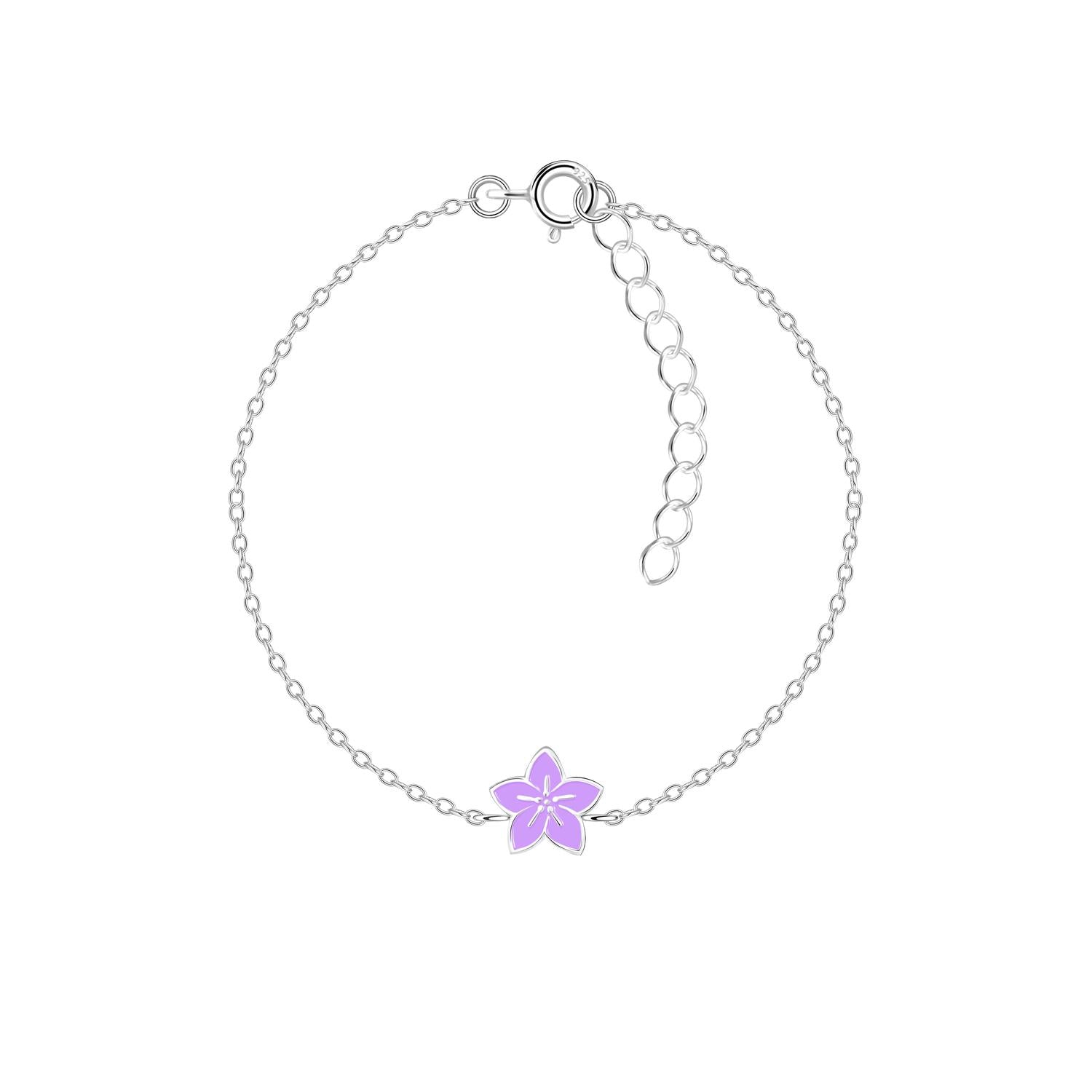 Melchior Jewellery girls flower bracelet with delicate silver chain and purple enamel flower charm
