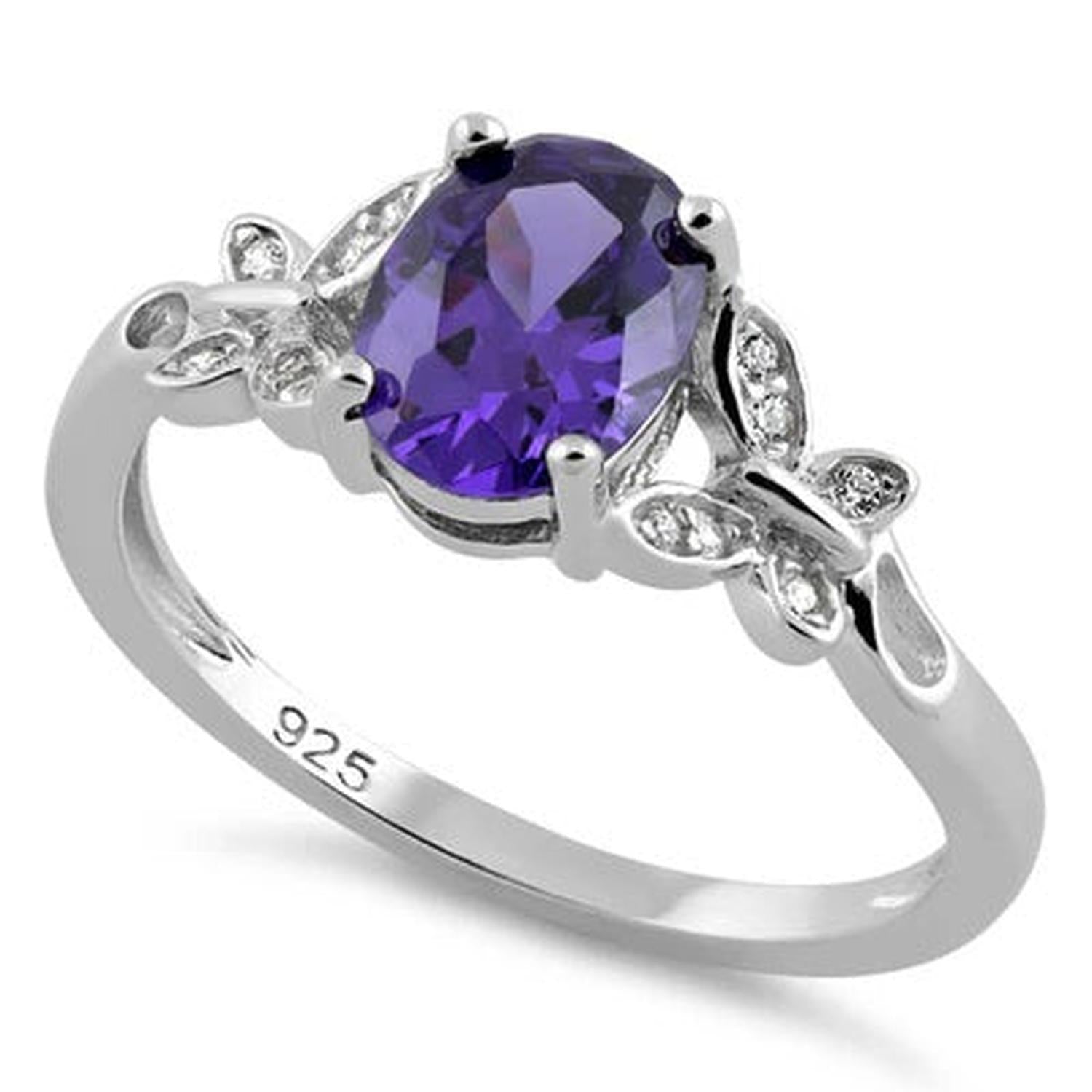 Sterling silver CZ Amethyst Butterfly Ring with purple gemstone and delicate butterfly detailing for women