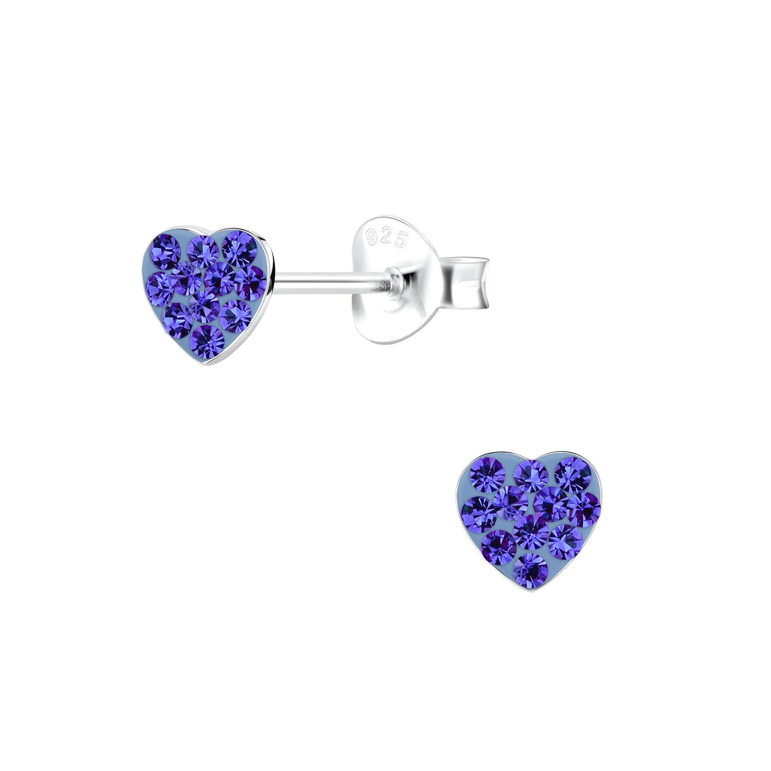 Sterling silver girls tanzanite heart earrings studded with deep purple gemstones for children
