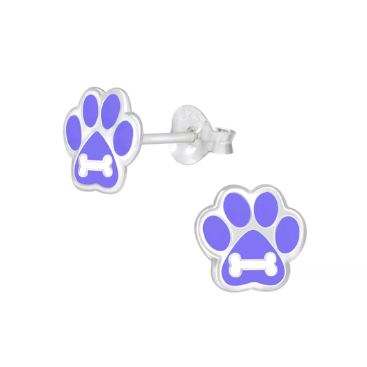 Melchior Jewellery purple paw stud earrings for kids with silver bone detail in cute kids design
