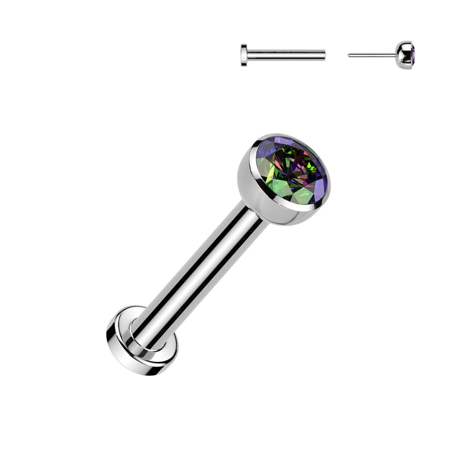 surgical steel rainbow crystal labret stud with multicolour gem for body jewellery by Melchior Jewellery