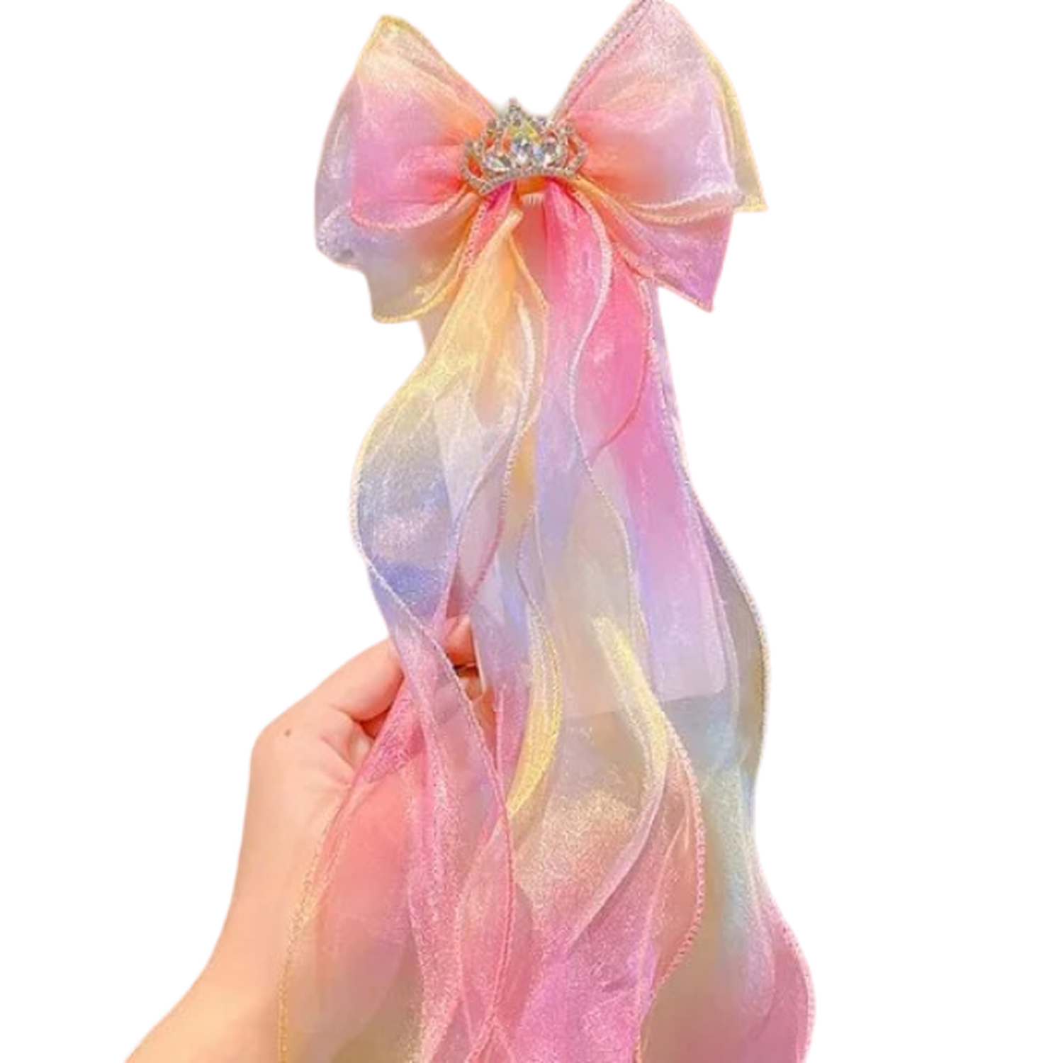 Melchior Jewellery pink and pastel multicolour ribbon bow hair clip with flowing sheer ribbons and crystal centre