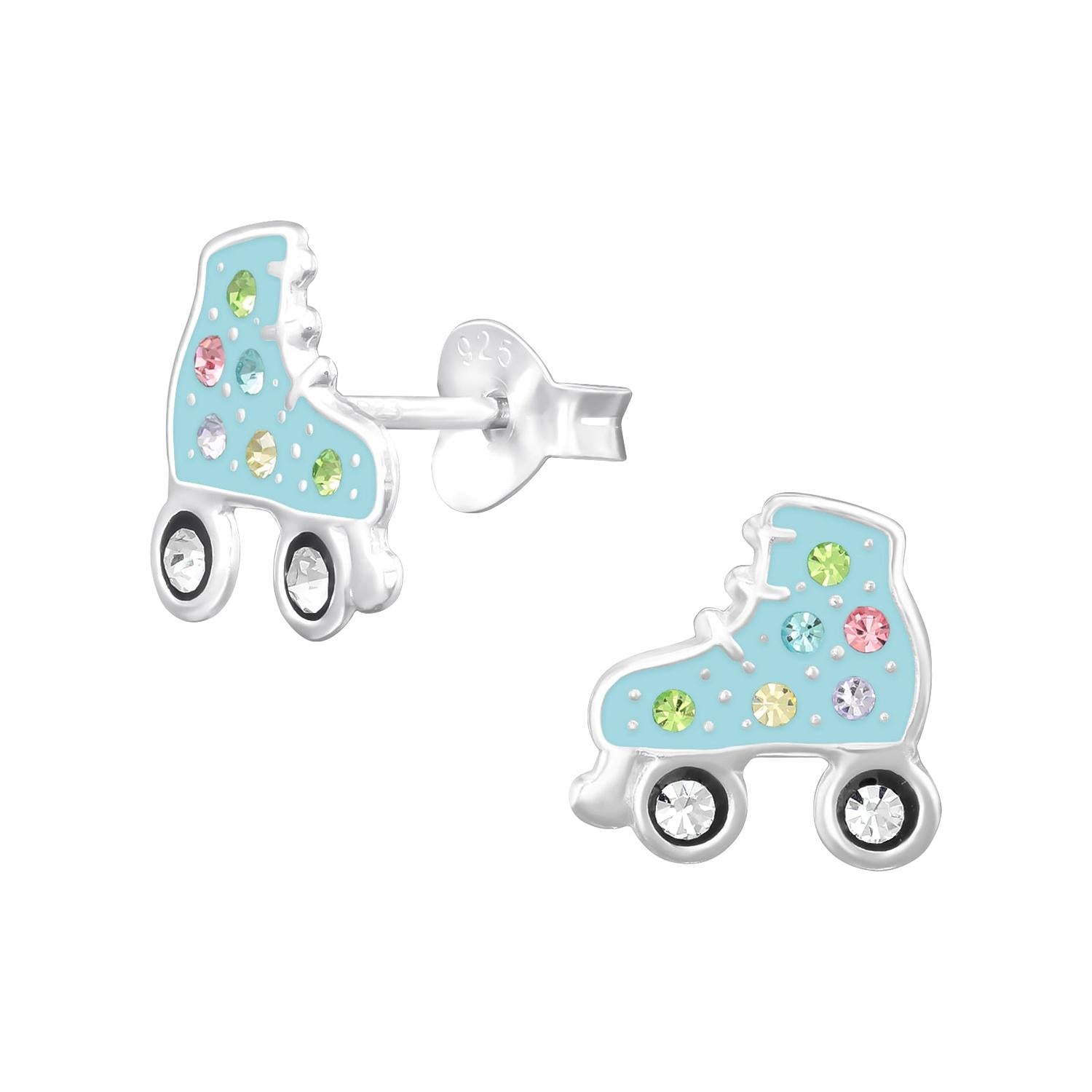 Sterling silver girls roller skate earrings with blue enamel and multicoloured stones by Melchior Jewellery