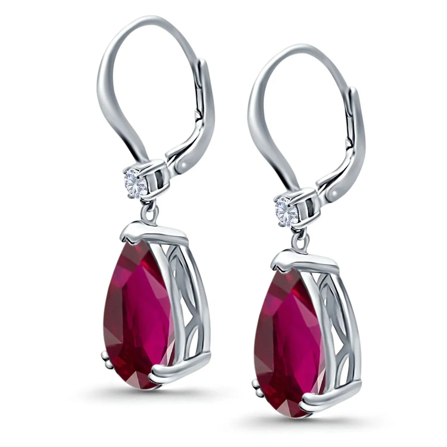 Melchior Jewellery silver earrings featuring deep red pear-shaped ruby earrings with small clear stones on lever-back hooks
