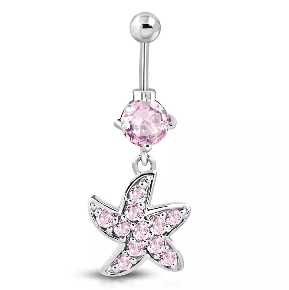 Stainless Steel Pink CZ Starfish Dangle Belly Bar - Melchior Jewellery