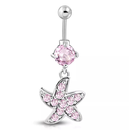 Stainless Steel Pink CZ Starfish Dangle Belly Bar - Melchior Jewellery