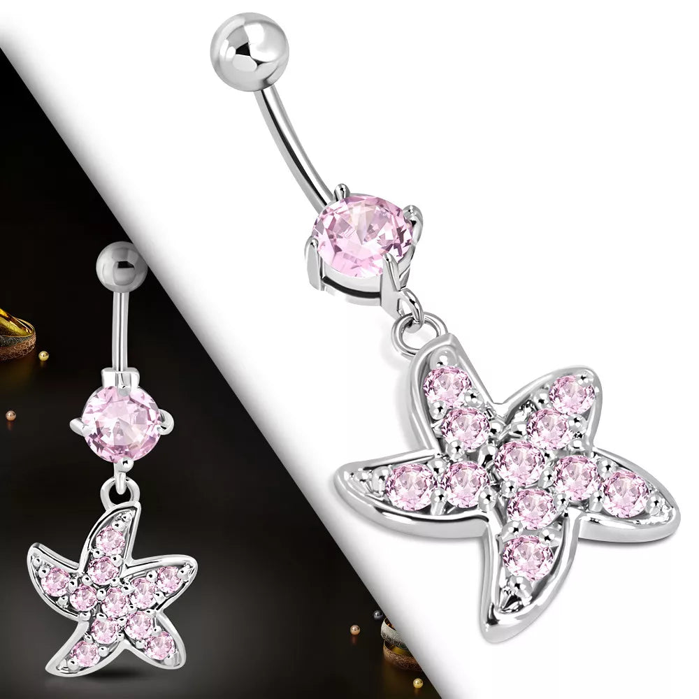 Stainless Steel Pink CZ Starfish Dangle Belly Bar - Melchior Jewellery